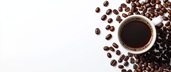 Obraz premium Coffee cup and coffee beans on white background, top view