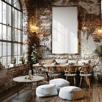 An industrial dining room with a 20x30 inch blank white frame on a brick wall.
