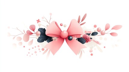 Fototapeta premium an elegant Christmas bow clipart, lace and pearl detail, watercolor illustration, soft pink, isolated on white background