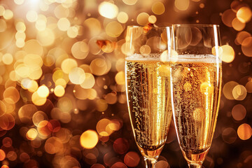 Two champagne glasses filled with bubbly golden liquid.