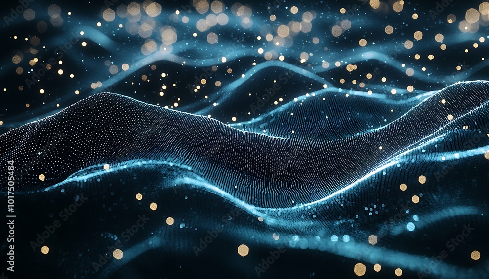 Poster digital landscapes and tech networks represented by an abstract wave of connections in dark tones.