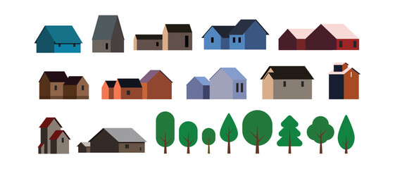 Houses and Building set, Flat colored city buildings, building and urban house illustration, geometric minimal flat vector