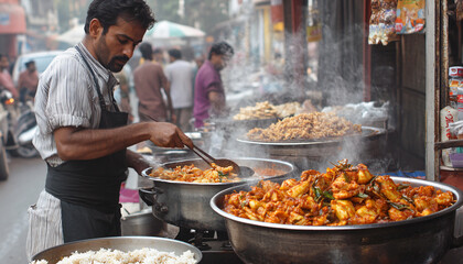 Obraz premium Documenting street vendors preparing food, highlighting the process and interactions.