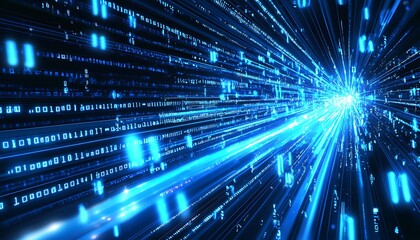 Digital security backdrop with blue binary digits and streaming light lines.