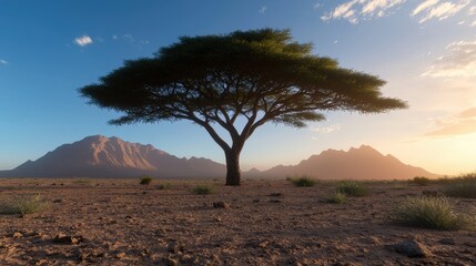 Lonely Tree in Desert Landscape with Mountains at Sunset