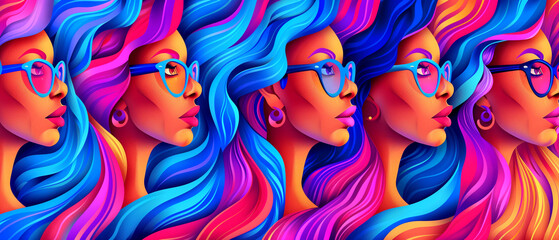 Fototapeta premium A series of women with long hair and glasses. The women are all wearing different colored glasses and have different hair colors. The image is a colorful