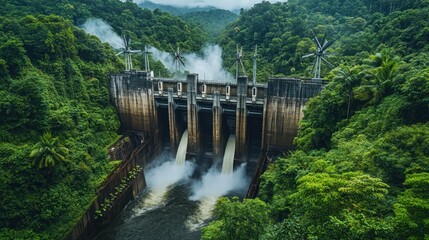 A hydroelectric dam surrounded by lush greenery, with powerful streams of water flowing through the turbines, representing renewable energy in action.