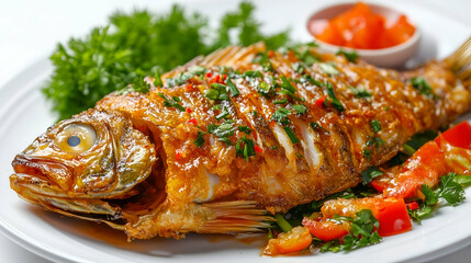 Crispy Fried Whole Fish with Herbs and Spicy Sauce - A beautifully fried whole fish garnished with fresh herbs and served with a spicy dipping sauce.