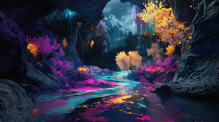 An abstract, dreamlike landscape with fluid, flowing lines and bold splashes of neon colors, creating the illusion of a nature scene from a different realm.