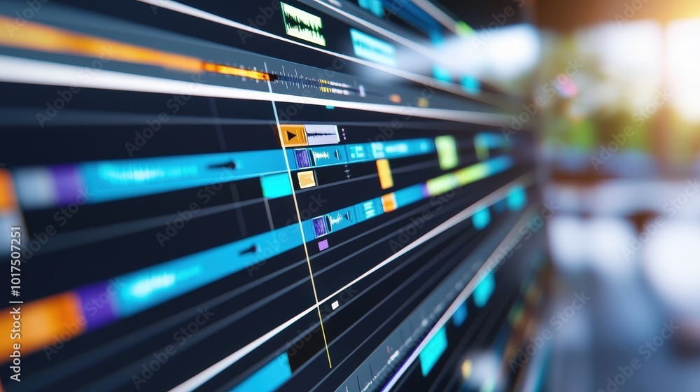 Poster digital video editing timeline interface with colorful tracks and blurred background