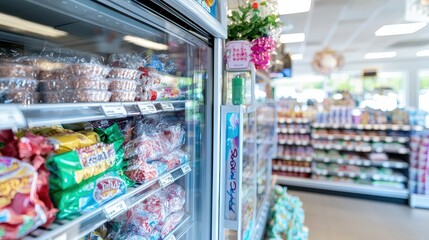 Fototapeta premium Modern Supermarket Freezer Aisle with Variety of Frozen Food Products