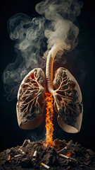 A symbolic representation of the harmful effects of smoking, where the cigarette is directly connected to a pair of lungs.
