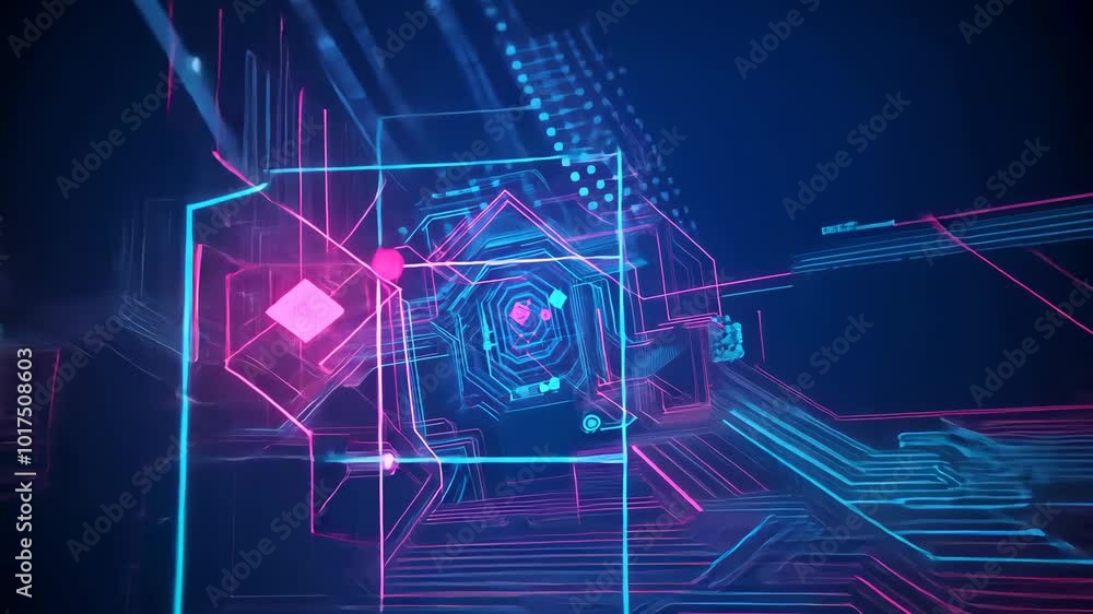 Canvas Prints a digital illustration of a neon blue and pink digital grid, created in a 3d software program