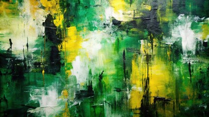 Abstract green black white yellow paint strokes oil painting on canvas grungy background reflected