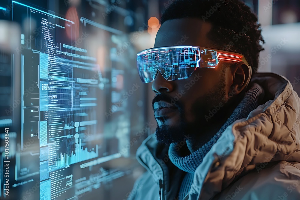 Poster ai cybersecurity threats analyzed visually through a futuristic augmented reality holographic displa