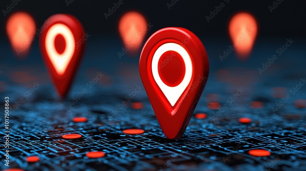 Poster red location pin on abstract circuit board digital map concept