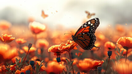 Butterfly flying in a poppy field, with red and yellow colors against a white background.