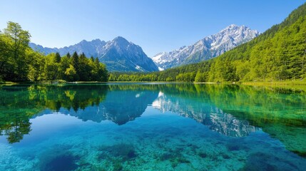 Serene Mountain Lake with Clear Blue Waters and Reflection