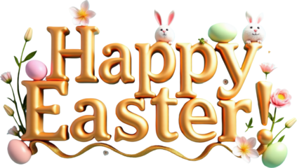 Golden 3D "Happy Easter" text with playful elements like colorful eggs, flowers, and a cute bunny on a transparent background. Ideal for Easter-themed designs, festive greetings, and spring decor.