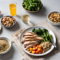 Table setting with balanced plate of quinoa steamed vegetables and grilled chicken for healthy lifestyle
