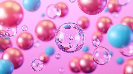 Obraz premium Colorful spheres float in a pink background, creating a playful, whimsical atmosphere reminiscent of bubbles or ornaments.