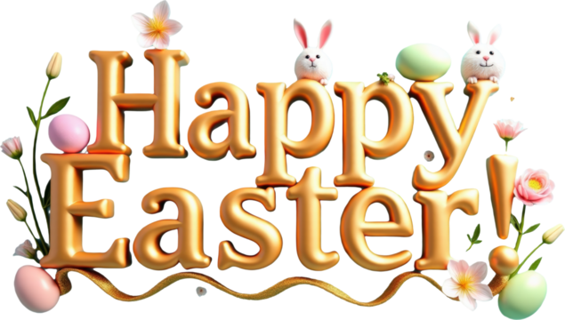 Golden 3D "Happy Easter" text with playful elements like colorful eggs, flowers, and a cute bunny on a transparent background. Ideal for Easter-themed designs, festive greetings, and spring decor.

