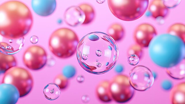 Colorful spheres float in a pink background, creating a playful, whimsical atmosphere reminiscent of bubbles or ornaments.