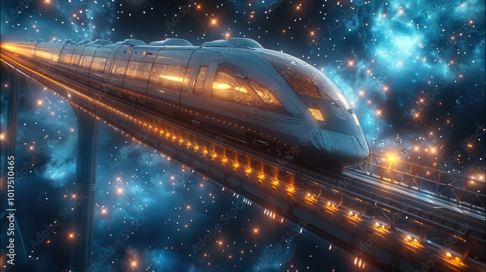 Poster a futuristic train speeding across a bridge suspended in the sky, with nothing but stars below.