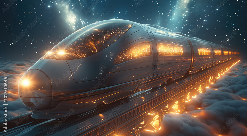 Poster a futuristic train speeding across a bridge suspended in the sky, with nothing but stars below.