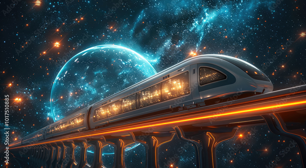 Poster a futuristic train speeding across a bridge suspended in the sky, with nothing but stars below.
