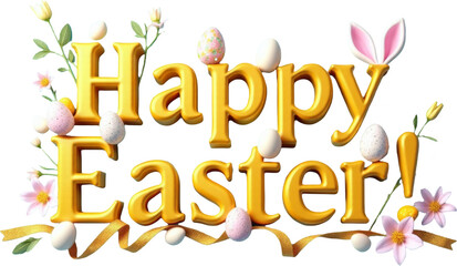 Golden 3D "Happy Easter" text with playful elements like colorful eggs, flowers, and a cute bunny on a transparent background. Ideal for Easter-themed designs, festive greetings, and spring decor.

