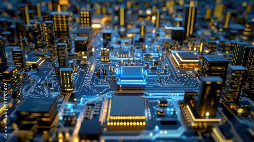 Poster a close-up view of a complex circuit board representing advanced technology.