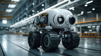 Fototapeta premium Robot with wheels, carrying a large aircraft part in a factory.