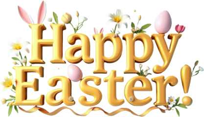 Golden 3D "Happy Easter" text with playful elements like colorful eggs, flowers, and a cute bunny on a transparent background. Ideal for Easter-themed designs, festive greetings, and spring decor.

