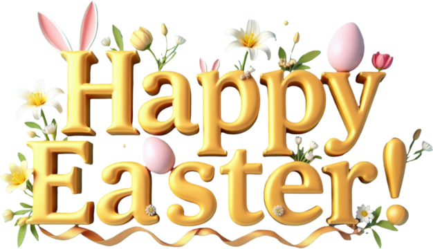 Golden 3D "Happy Easter" text with playful elements like colorful eggs, flowers, and a cute bunny on a transparent background. Ideal for Easter-themed designs, festive greetings, and spring decor.

