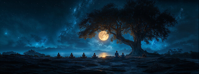 People praying on the banks of Ganga River under moon light, ancient India high resolution panorama