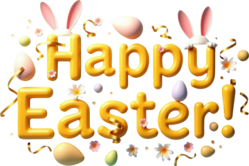 Golden 3D "Happy Easter" text with playful elements like colorful eggs, flowers, and a cute bunny on a transparent background. Ideal for Easter-themed designs, festive greetings, and spring decor.

