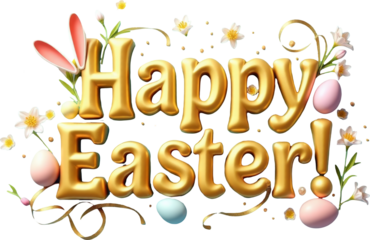 Golden 3D "Happy Easter" text with playful elements like colorful eggs, flowers, and a cute bunny on a transparent background. Ideal for Easter-themed designs, festive greetings, and spring decor.

