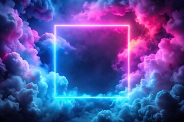 Abstract geometrical background with neon square frame and stormy cloud glowing with pink and blue light reflected