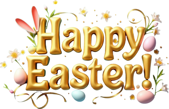 Golden 3D "Happy Easter" text with playful elements like colorful eggs, flowers, and a cute bunny on a transparent background. Ideal for Easter-themed designs, festive greetings, and spring decor.

