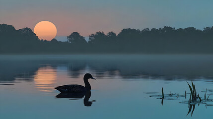 Naklejka premium Duck Silhouette at Sunset.
