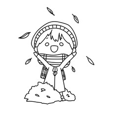 A child is standing in the rain with a hat on and is smiling
