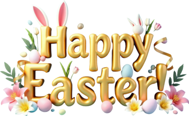 Golden 3D "Happy Easter" text with playful elements like colorful eggs, flowers, and a cute bunny on a transparent background. Ideal for Easter-themed designs, festive greetings, and spring decor.


