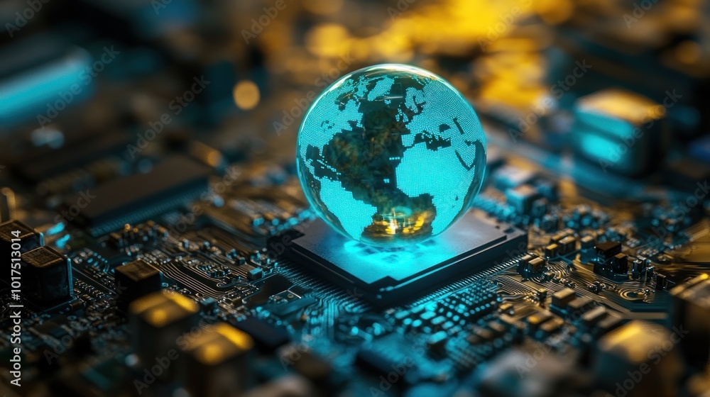 Poster a glowing globe on a circuit board symbolizes technology's connection to the world.