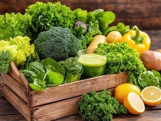 Fresh vegetables in wooden crate, healthy juices.