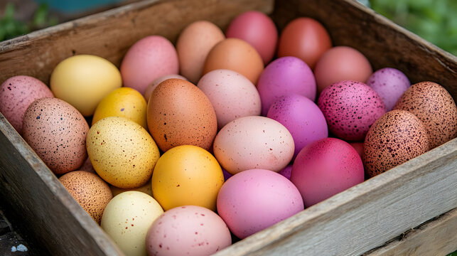Colorful Easter Eggs in Wooden Crate.