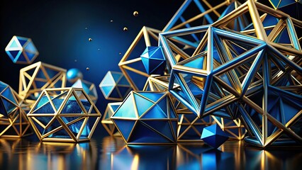 Fototapeta premium Abstract geometric shapes in blue and gold colors against a black background