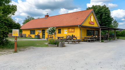 Naklejka premium Yellow Wooden Building With Red Roof And Picnic Tables In Front.