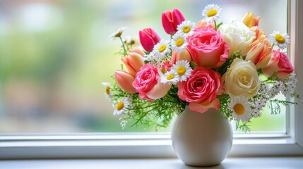 A fresh summer bouquet of roses, tulips, and daisies arranged in a simple ceramic vase on a windowsill.