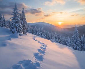 Beautiful winter landscape at sunset in the Carpathian Mountains with snow-covered trees and a snowy hill with footprints on it